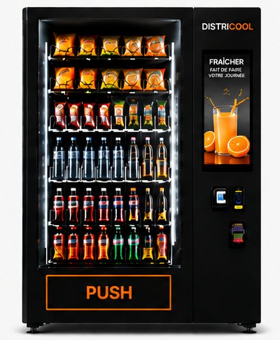 Distributeur automatique réfrigéré DISTRICOOL rempli de boissons fraîches et de snacks