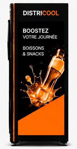 Distributeur DISTRICOOL TC-24-30R-75, vue de profil avec habillage orange « Boostez votre journée »